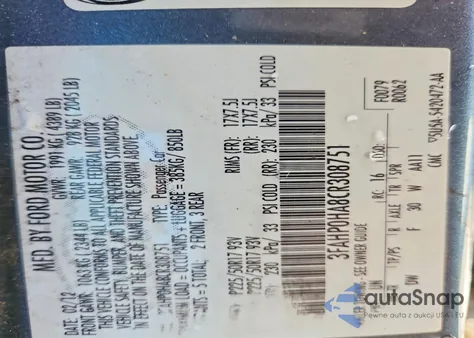 2012 Ford Fusion Se z USA, uszkodzony, nr VIN 3FAHP0HA8CR308751